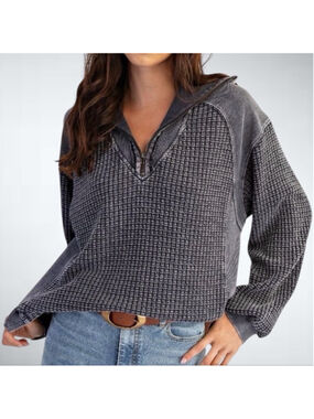 Easel Women's Thermal Waffle Knit Zip-Up Washed Long Sleeve Top Mulberry Size S
